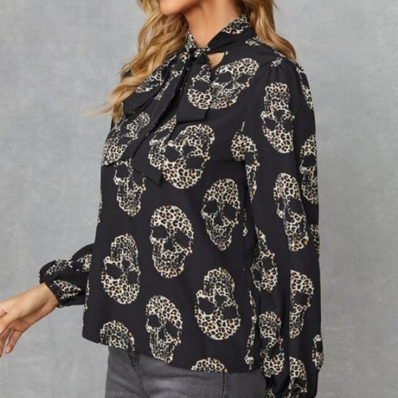 Skull Tie Neck Blouse Leopard Print - Picture 2 of 4